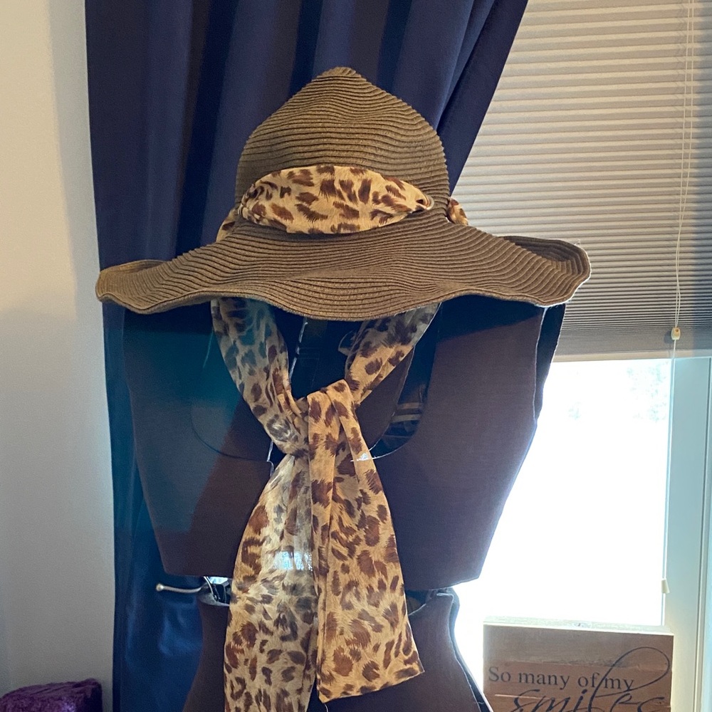 Leopard Print Scarf and Brown Hat Set